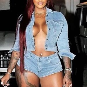 Chic Light Blue Denim Jacket and Shorts